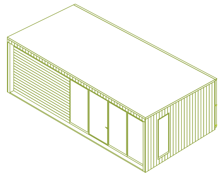 Illustration i grönt av Enkelrums attefallshus 30 kvm E30