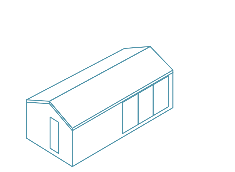 Illustration i blått av Enkelrums attefallshus 20 kvm S20